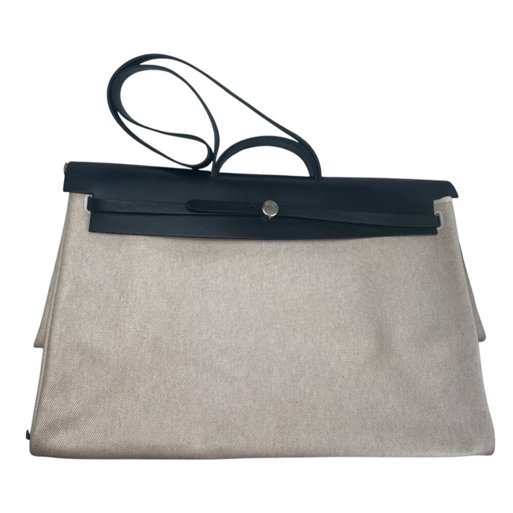New Hermes Herbag 50 Cabine Travel Bag Noir Leather Ecru and Black Canvas Bags